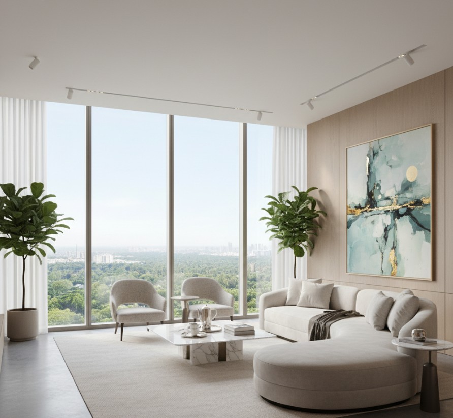 Premium Living Room Interior Layout - Morning Horizon