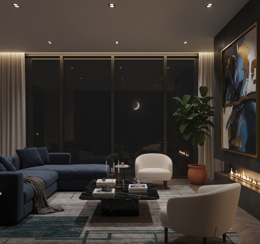 Premium Living Room Interior Layout - Illumination Design